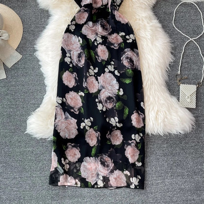 Split Flower Dress , Temperament,vintage, Sexy Halter Dress AP00064