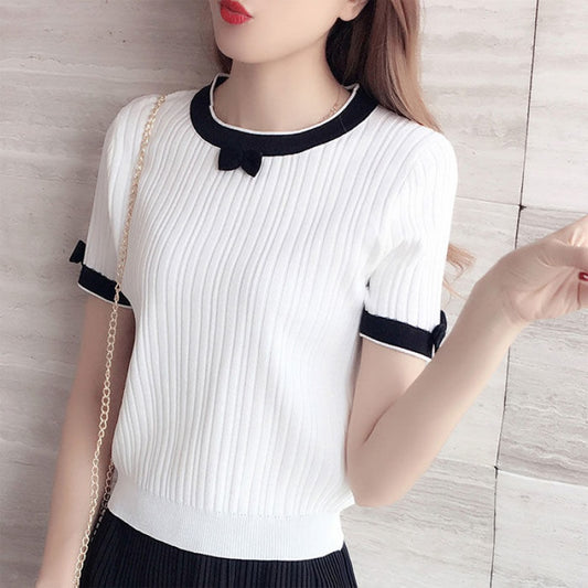 Simple Cute Round Neck Short-sleeved Bow T-shirt for Women AP000110