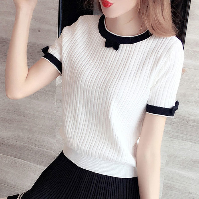 Simple Cute Round Neck Short-sleeved Bow T-shirt for Women AP000110