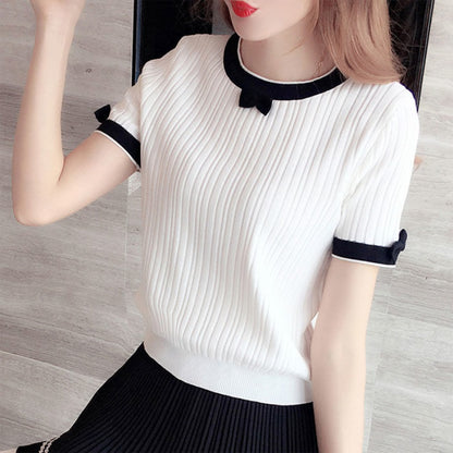 Simple Cute Round Neck Short-sleeved Bow T-shirt for Women AP000110