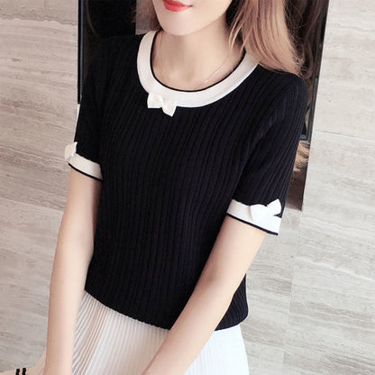 Simple Cute Round Neck Short-sleeved Bow T-shirt for Women AP000110