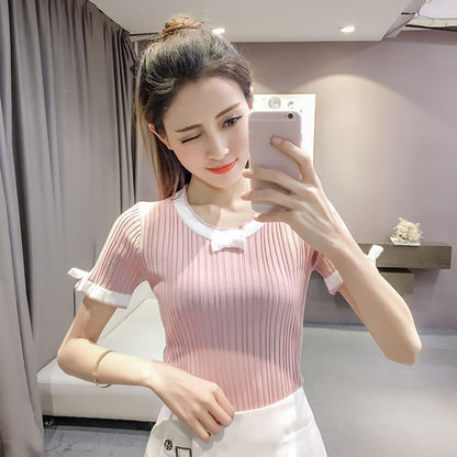 Simple Cute Round Neck Short-sleeved Bow T-shirt for Women AP000110
