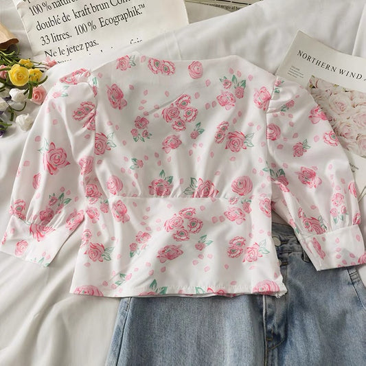 Sweet Style, Floral Print, Square Collar, Collarbone Short Shirt, Short Sleeve Top AP000200