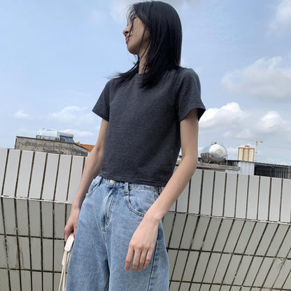 Simple Short White T-shirt Black Navel T-shirt AP000106