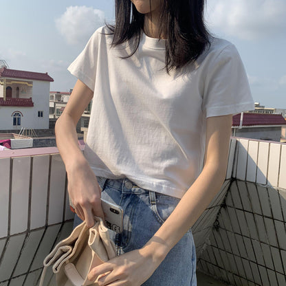 Simple Short White T-shirt Black Navel T-shirt AP000106