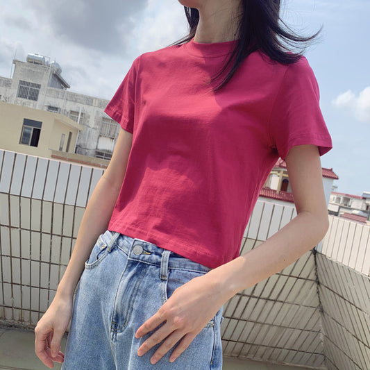 Simple Round Neck Short T-shirt Red Navel T-shirt AP000107