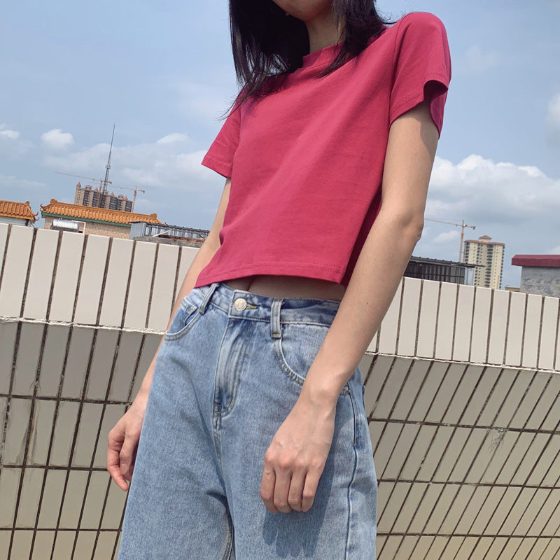 Simple Round Neck Short T-shirt Red Navel T-shirt AP000107