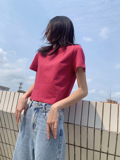 Simple Round Neck Short T-shirt Red Navel T-shirt AP000107
