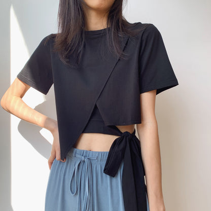 Unique Black Round Neck T-shirt Black Navel New Fashion T-shirt AP000100