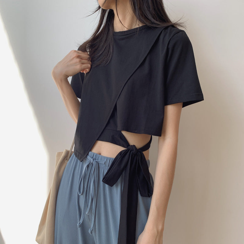 Unique Black Round Neck T-shirt Black Navel New Fashion T-shirt AP000100