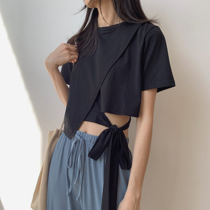 Unique Black Round Neck T-shirt Black Navel New Fashion T-shirt AP000100