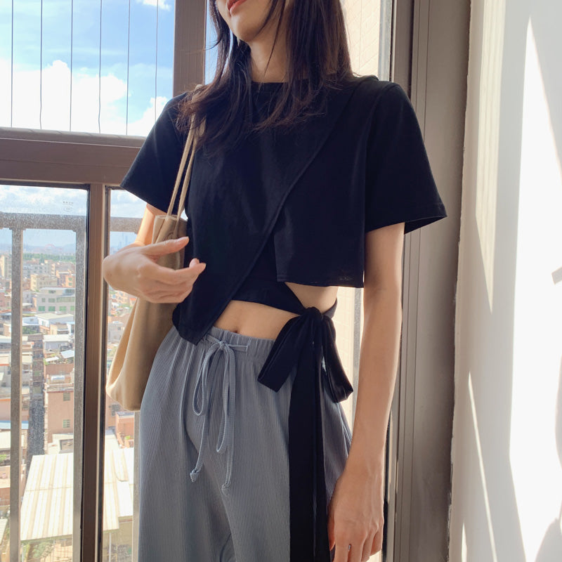 Unique Black Round Neck T-shirt Black Navel New Fashion T-shirt AP000100