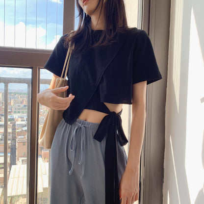 Unique Black Round Neck T-shirt Black Navel New Fashion T-shirt AP000100