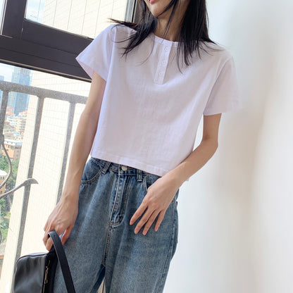 Simple White Round Neck Short T-shirt for Women AP000104