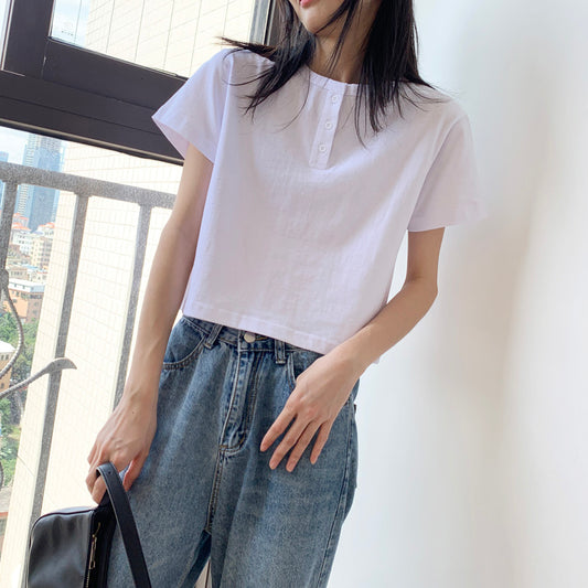 Simple White Round Neck Short T-shirt for Women AP000104