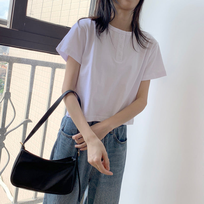 Simple White Round Neck Short T-shirt for Women AP000104