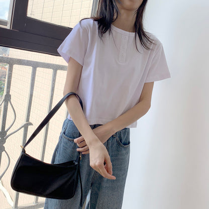 Simple White Round Neck Short T-shirt for Women AP000104