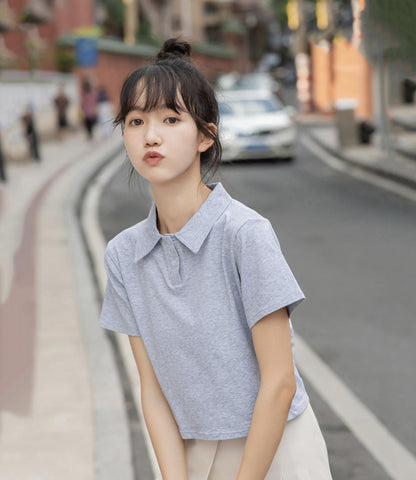 Cute Short Polo Neck High-waist Short-sleeved T-shirt AP000172