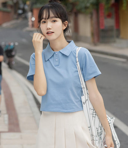 Cute Short Polo Neck High-waist Short-sleeved T-shirt AP000172