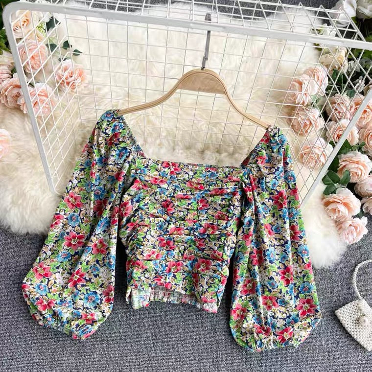 Women Bubble Sleeve Blouse, Drill Slim Body Short Top, Vintage Floral Top AP000189