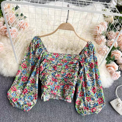 Women Bubble Sleeve Blouse, Drill Slim Body Short Top, Vintage Floral Top AP000189