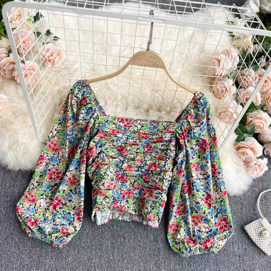 Women Bubble Sleeve Blouse, Drill Slim Body Short Top, Vintage Floral Top AP000189