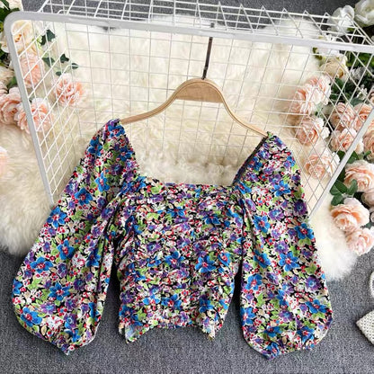 Women Bubble Sleeve Blouse, Drill Slim Body Short Top, Vintage Floral Top AP000189
