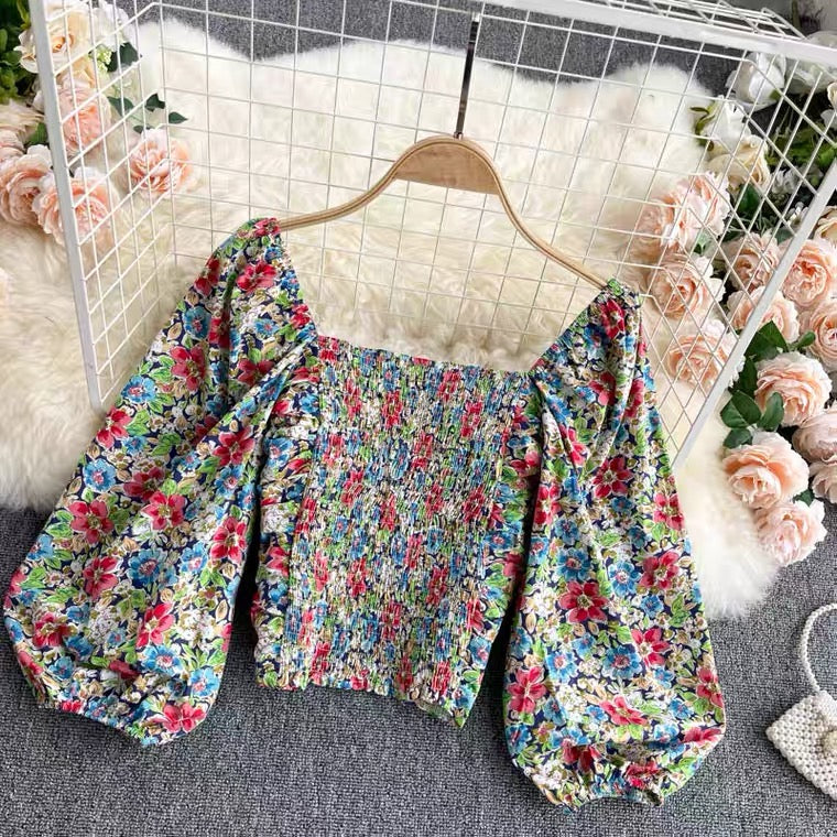 Women Bubble Sleeve Blouse, Drill Slim Body Short Top, Vintage Floral Top AP000189