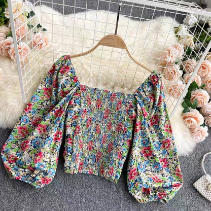 Women Bubble Sleeve Blouse, Drill Slim Body Short Top, Vintage Floral Top AP000189