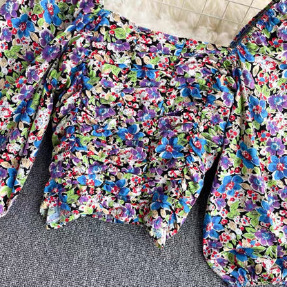 Women Bubble Sleeve Blouse, Drill Slim Body Short Top, Vintage Floral Top AP000189