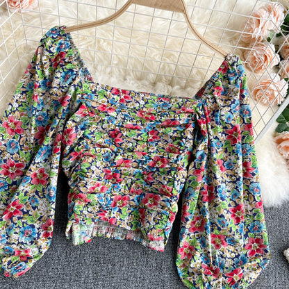 Women Bubble Sleeve Blouse, Drill Slim Body Short Top, Vintage Floral Top AP000189