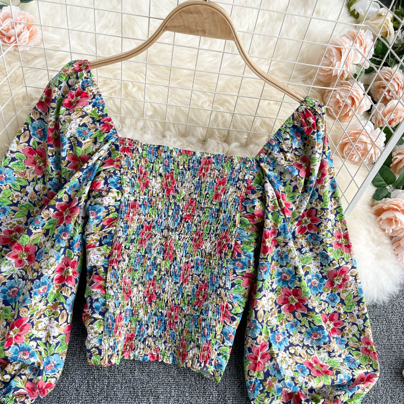Women Bubble Sleeve Blouse, Drill Slim Body Short Top, Vintage Floral Top AP000189