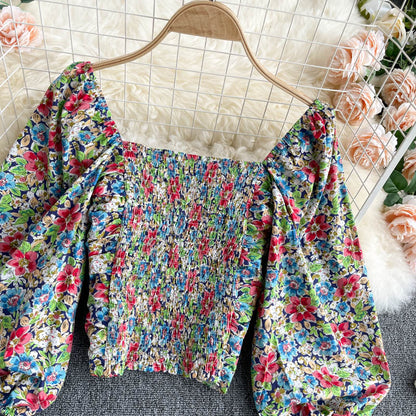 Women Bubble Sleeve Blouse, Drill Slim Body Short Top, Vintage Floral Top AP000189