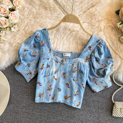 Square Collar Bubble Sleeve Top,broken Denim Shirts, Temperament, Chic Short Top AP000199