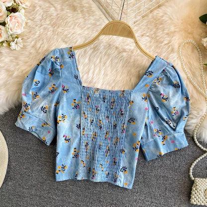 Square Collar Bubble Sleeve Top,broken Denim Shirts, Temperament, Chic Short Top AP000199