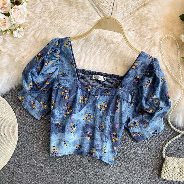 Square Collar Bubble Sleeve Top,broken Denim Shirts, Temperament, Chic Short Top AP000199