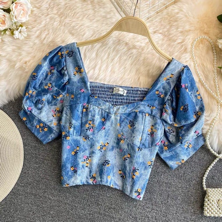 Square Collar Bubble Sleeve Top,broken Denim Shirts, Temperament, Chic Short Top AP000199