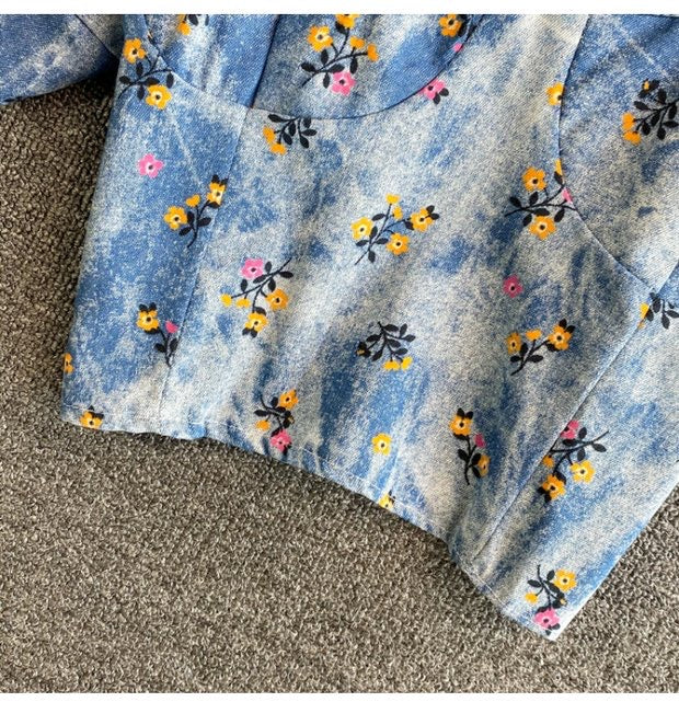 Square Collar Bubble Sleeve Top,broken Denim Shirts, Temperament, Chic Short Top AP000199