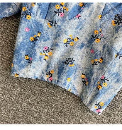 Square Collar Bubble Sleeve Top,broken Denim Shirts, Temperament, Chic Short Top AP000199