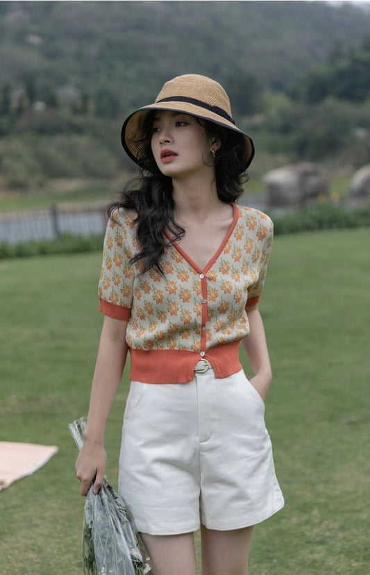 Summer, Thin V Collar Floral Short Sleeve Sweater, Vintage Short Top AP000181
