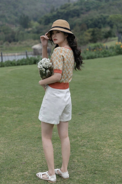 Summer, Thin V Collar Floral Short Sleeve Sweater, Vintage Short Top AP000181