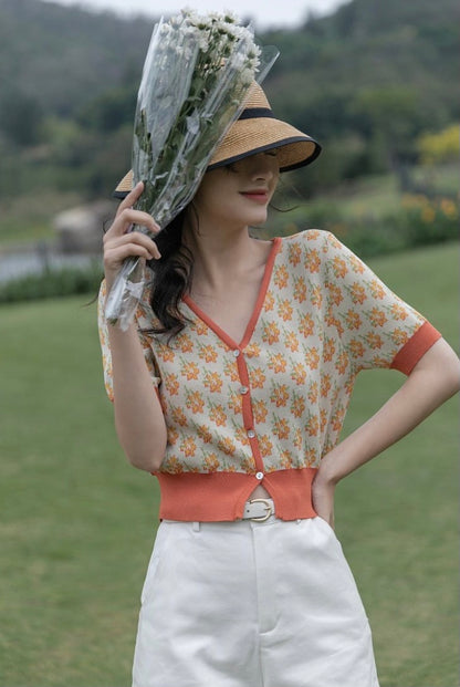 Summer, Thin V Collar Floral Short Sleeve Sweater, Vintage Short Top AP000181