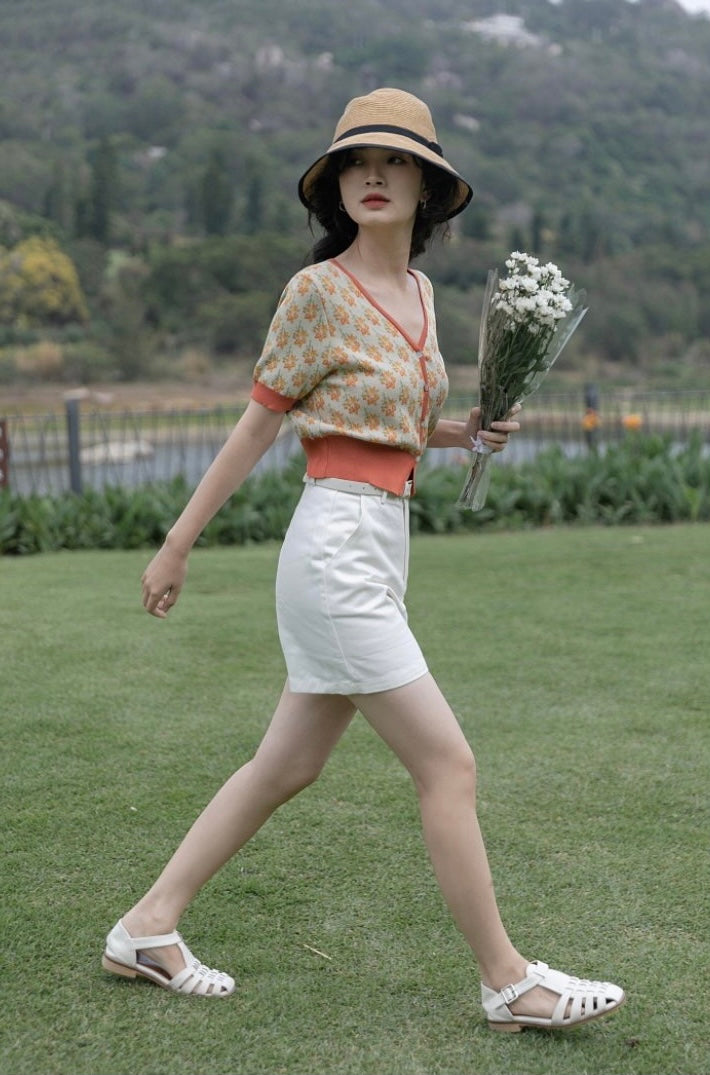 Summer, Thin V Collar Floral Short Sleeve Sweater, Vintage Short Top AP000181