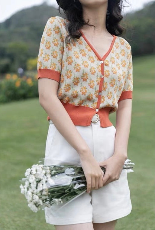 Summer, Thin V Collar Floral Short Sleeve Sweater, Vintage Short Top AP000181