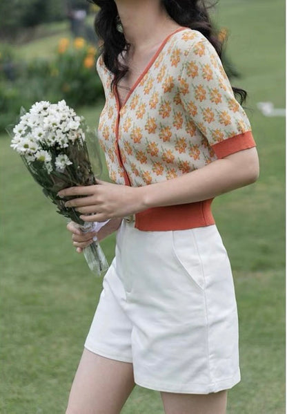 Summer, Thin V Collar Floral Short Sleeve Sweater, Vintage Short Top AP000181