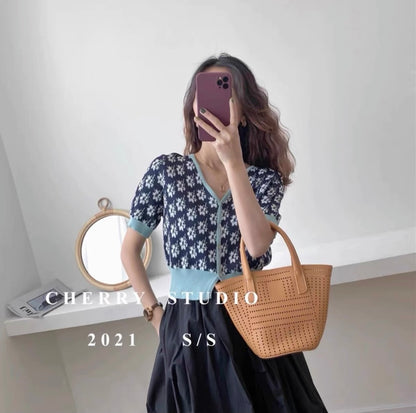 Summer, Thin V Collar Floral Short Sleeve Sweater, Vintage Short Top AP000181