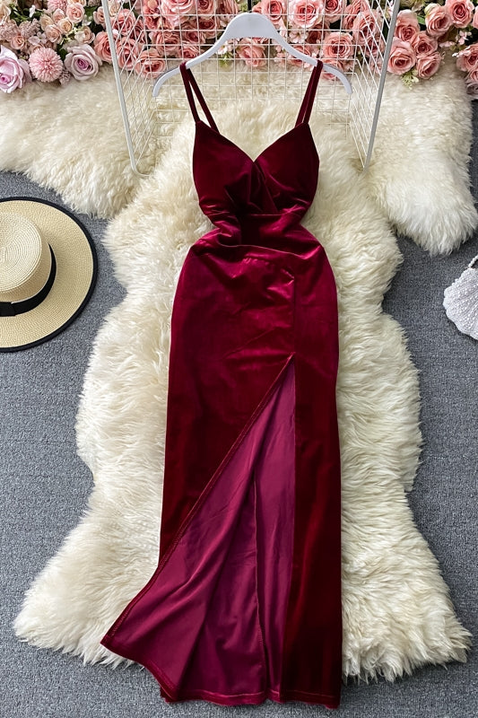 Beautiful Red Velvet Sweetheart Straps Women Dress, Long Velvet Women Dress Party Dress AP0004
