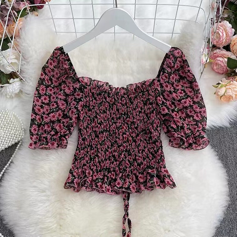 Floral Chiffon Top, Summer, Bubble Sleeve, Square Collar Short Sleeve Blouse AP000192