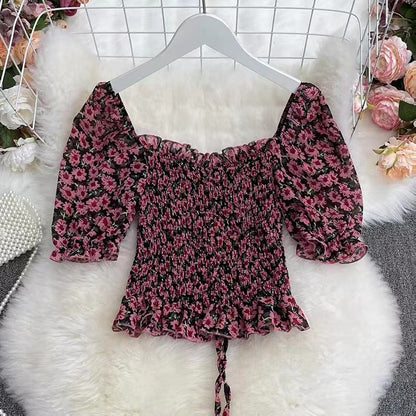 Floral Chiffon Top, Summer, Bubble Sleeve, Square Collar Short Sleeve Blouse AP000192