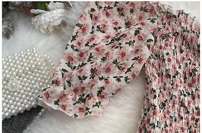 Floral Chiffon Top, Summer, Bubble Sleeve, Square Collar Short Sleeve Blouse AP000192